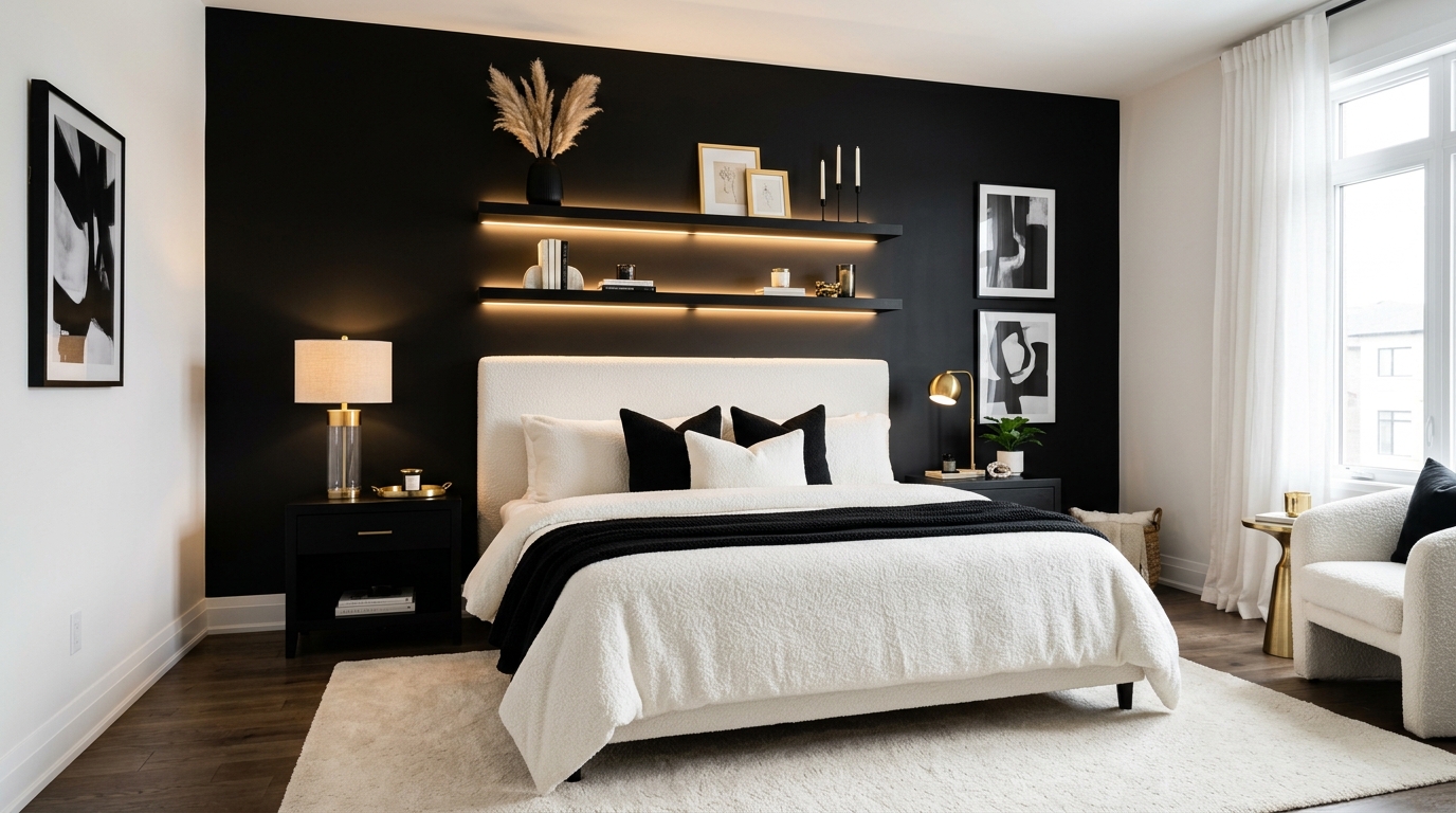 22 Ideas Luxury Black and White Bedroom Ideas with LED Floating Shelves